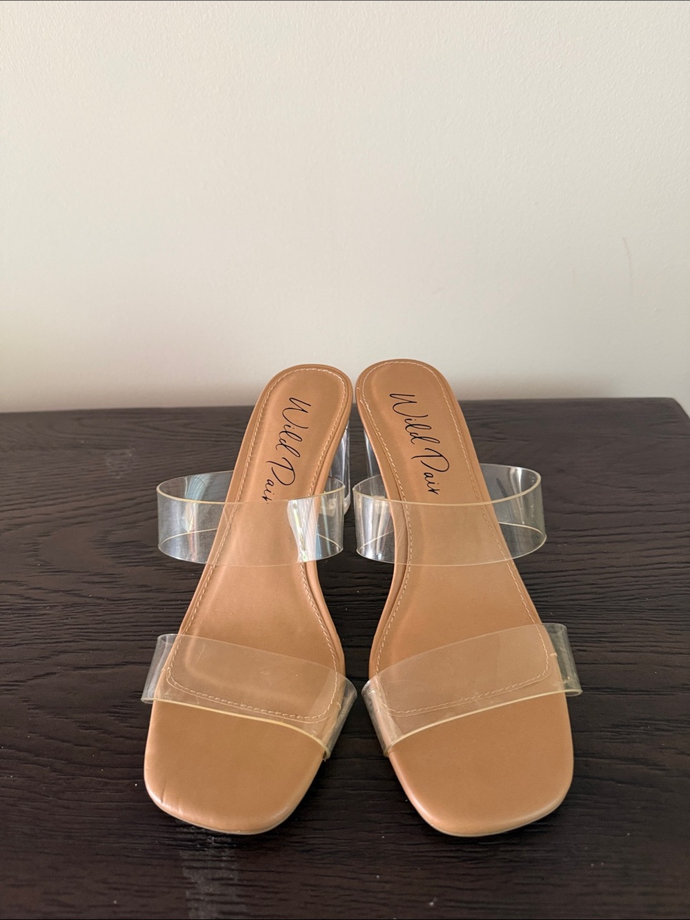 Wild Pair Tan Slides with Clear Dual Straps